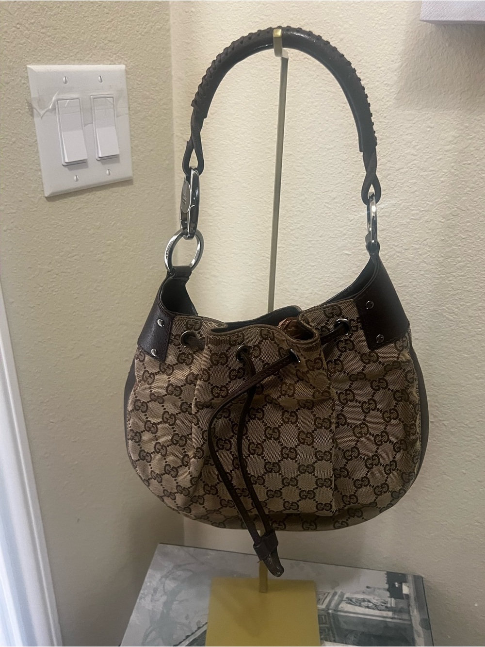 Gucci Beige Brown GG Canvas Drawstring Shoulder Bag small